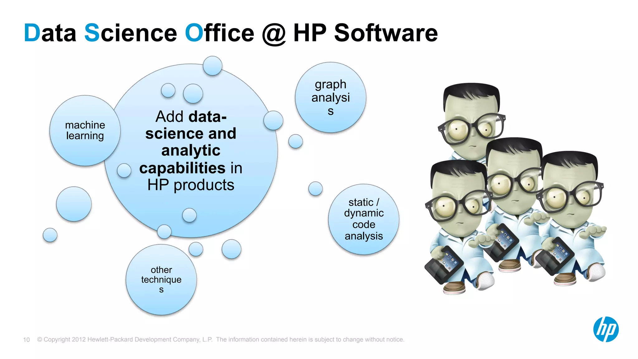 © Copyright 2012 Hewlett-Packard Development Company, L.P. The information contained herein is subject to change without notice.10
Data Science Office @ HP Software
Add data-
science and
analytic
capabilities in
HP products
machine
learning
graph
analysi
s
static /
dynamic
code
analysis
other
technique
s
 
