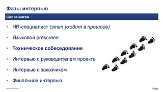 www.luxoft-training.ru
Фазы интервью
Шаг за шагом
• HR-специалист (этап уходит в прошлое)
• Языковой prescreen
• Техническое собеседование
• Интервью с руководителем проекта
• Интервью с заказчиком
• Финальное интервью
 