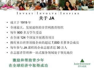 成立于 1919 年 全球最大、发展最快的非营利教育组织 每年 900 多万学生受益 在全球 124 个国家开展教育项目 拥有来自世界顶级企业的超过 7,000 名董事会成员 每年参与 JA 课程的企业志愿者近 30 万人 在志愿者管理和一站式服务领域处于领先地位 关于 JA 激励和帮助青少年 在全球经济中取得成功 