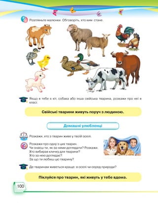 стане.малюнки. Обговоріть, хто ким
Якщо в тебе є кіт, собака або інша свійська тварина, розкажи про неї в
класі.
Свійські тварини живуть поруч з людиною.
с Домашні улюбленці
)
Розкажи, хто з тварин живе у твоїй оселі.
Розкажи про одну з цих тварин.
Чи знаєш ти, як за ними доглядати? Розкажи.
Хто вибирав кличку для тварини?
Хто за нею доглядає?
За що ти любиш цю тварину?
Де тваринам живеться краще: в оселі чи серед природи?
Піклуйся про тварин, які живуть у тебе вдома.
 