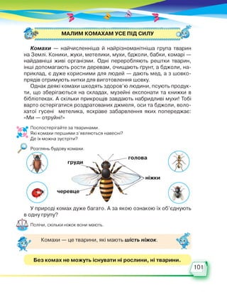 МАЛИМ КОМАХАМ УСЕ ПІД СИЛУ
Комахи — найчисленніша й найрізноманітніша група тварин
на Землі. Коники, жуки, метелики, мухи, бджоли, бабки, комарі —
найдавніші живі організми. Одні переробляють рештки тварин,
інші допомагають рости деревам, очищають ґрунт, а бджоли, на­
приклад, є дуже корисними для людей — дають мед, а з шовко­
прядів отримують нитки для виготовлення шовку.
Однак деякі комахи шкодять здоров’ю людини, псують продук­
ти, що зберігаються на складах, музейні експонати та книжки в
бібліотеках. А скільки прикрощів завдають набридливі мухи! Тобі
варто остерігатися роздратованих джмеля, оси та бджоли, воло­
хатої гусені метелика, яскраве забарвлення яких попереджає:
«Ми — отруйні!»
Поспостерігайте за тваринами.
Які комахи першими з’являються навесні?
Де їх можна зустріти?
У природі комах дуже багато. А за якою ознакою їх об’єднують
в одну групу?
Полічи, скільки ніжок вони мають.
Комахи — це тварини, які мають шість ніжок.
Без комах не можуть існувати ні рослини, ні тварини.
,0,
 