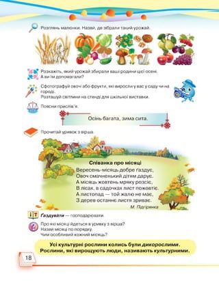 Розглянь малюнки. Назви, де зібрали такий урожай.
Осінь багата, зима сита.
Прочитай уривок з вірша.
*4* Розкажіть, який урожай збирали ваші родини цієї осені.
З*. А ви їм допомагали?
Поясни прислів'я.
ф
ЩЦ ґаздувати — господарювати.
Сфотографуй овочі або фрукти, які виросли у вас у саду чи на
городі.
Розташуй світлини на стенді для шкільної виставки.
Співанка про місяці
Вересень-місяць добре ґаздує,
Овоч смачненький дітям дарує.
А місяць жовтень мряку розсіє,
В лісах, в садочках лист пожовтіє.
А листопад — той жалю не має,
З дерев останнє листя зриває.
М. Підгірянка
Про які місяці йдеться в уривку з вірша?
Назви місяці по порядку.
Чим особливий кожний місяць?
Усі культурні рослини колись були дикорослими.
Рослини, які вирощують люди, називають культурними.
 