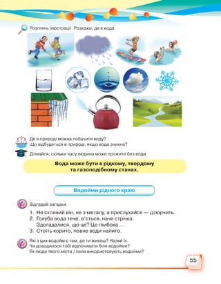 Розглянь ілюстрації. Розкажи, де є вода.
Де в природі можна побачити воду?
Що відбудеться в природі, якщо вода зникне?
Дізнайся, скільки часу людина може прожити без води.
Вода може бути в рідкому, твердому
та газоподібному станах.
Відгадай загадки.
Водойми рідного краю
1. Не скляний він, не з металу, а прислухайся — дзюрчить.
2. Голуба вода тече, в'ється, наче стрічка.
Здогадалися, що це? Це глибока ... .
3. Стоїть корито, повне води налито.
Які з цих водойм є там, де ти живеш? Назви їх.
Чи доводилося тобі відпочивати біля водойми?
Як люди твого міста / села використовують водойми?
55
 