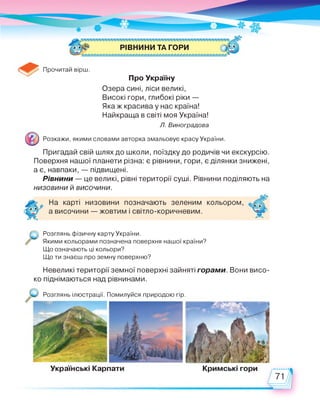РІВНИНИ ТА ГОРИ
Прочитай вірш.
Про Україну
Озера сині, ліси великі,
Високі гори, глибокі ріки —
Яка ж красива у нас країна!
Найкраща в світі моя Україна!
Л. Виноградова
Розкажи, якими словами авторка змальовує красу України.
Пригадай свій шлях до школи, поїздку до родичів чи екскурсію.
Поверхня нашої планети різна: є рівнини, гори, є ділянки знижені,
а є, навпаки, — підвищені.
Рівнини — це великі, рівні території суші. Рівнини поділяють на
низовини й височини.
На карті низовини позначають зеленим кольором,
а височини — жовтим і світло-коричневим.
Розглянь фізичну карту України.
Якими кольорами позначена поверхня нашої країни?
Що означають ці кольори?
Що ти знаєш про земну поверхню?
Невеликі території земної поверхні зайняті горами. Вони висо­
ко піднімаються над рівнинами.
Розглянь ілюстрації. Помилуйся природою гір.
Українські Карпати Кримські гори
 