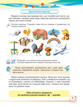 Досягнення людства
с З
Людина отримує від природи все, що потрібне для життя: ди­
хає повітрям, використовує воду, вирощує рослини та розводить
тварин для своїх потреб.
о Розглянь малюнки. Поєднай у пари об’єкти природи з предметами, які
створені людиною.
Поміркуйте, що спільного між утвореними парами.
Чим вони відрізняються? Наведіть приклади таких пар.
Люди виготовляють різноманітні речі, щоб пере­
суватися, обробляти землю, навчатися, готувати їжу,
мати житло.
Праця людини неможлива без техніки. Папір для твоїх зошитів
і підручників зроблено на фабриці. Хліб і хлібобулочні вироби, що
ти споживаєш, спекли на хлібозаводі. Тканини, з яких пошитий
твій одяг, виготовили на ткацьких верстатах. Іграшки теж приду­
мали та зробили люди.
Тебе оточують предмети,
які зроблені руками людини. Це — вироби.
 