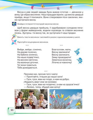 Весна в уяві людей завжди була живою істотою — дівчиною у
вінку. Це образ веснянки. Наші пращури вірили, що весна швидше
прийде, якщо її покликати. Вони створювали пісні-заклички, яки­
ми зустрічали весну.
Є Знайди в Інтернеті й послухай заклички весни.
Щоб весна швидше прийшла, її задобрювали солодким печи­
вом у формі жайворонків, водили хороводи та співали весняних
пісень. Зустрінь і ти весну так, як зустрічали її наші предки.
Вивчіть тексти веснянок і заспівайте разом з однокласниками у школі.
Підготуйте інсценування веснянок.
Вийди, вийди, сонечко,
На дідове полечко,
На бабине зіллячко,
На наше подвір’ячко,
На весняні квіточки,
На маленькі діточки.
Тут вони граються,
Тебе дожидаються.
Благослови, мати,
Весну закликати!
Весну закликати,
Зиму проводжати!
Зимочка в возочку,
Літечко в човночку!
Просимо ми, просив тато і мати:
— Прилітайте, пташки до нашої хати!
— Гуси, гуси, вам на гніздо, а нам на добро.
(Кидають жмут сіна чи соломи).
— Гуси, гуси, вам на гніздечко, а нам на здоров’ячко!
— Лелеко, татку, збудуй нам хатку!
90
 