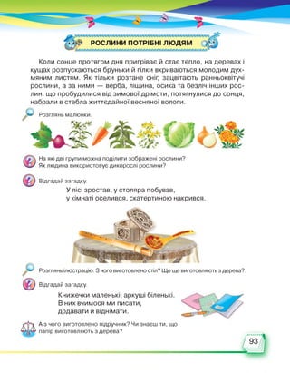 РОСЛИНИ ПОТРІБНІ ЛЮДЯМ
Коли сонце протягом дня пригріває й стає тепло, на деревах і
кущах розпускаються бруньки й гілки вкриваються молодим дух­
мяним листям. Як тільки розтане сніг, зацвітають ранньоквітучі
рослини, а за ними — верба, ліщина, осика та безліч інших рос­
лин, що пробудилися від зимової дрімоти, потягнулися до сонця,
набрали в стебла життєдайної весняної вологи.
Розглянь малюнки.
На які дві групи можна поділити зображені рослини?
Як людина використовує дикорослі рослини?
Відгадай загадку.
У лісі зростав, у столяра побував,
у кімнаті оселився, скатертиною накрився.
Розглянь ілюстрацію. З чого виготовлено стіл? Що ще виготовляють з дерева?
Відгадай загадку.
Книжечки маленькі, аркуші біленькі.
В них вчимося ми писати,
додавати й віднімати.
А з чого виготовлено підручник? Чи знаєш ти, що
папір виготовляють з дерева?
 