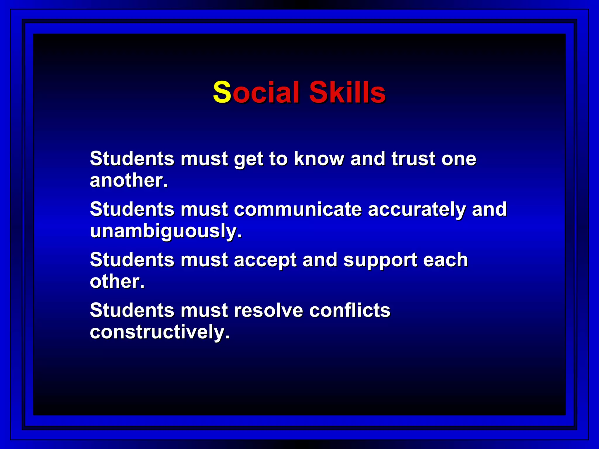 Social Skills

Students must get to know and trust one
another.
Students must communicate accurately and
unambiguously.
Students must accept and support each
other.
Students must resolve conflicts
constructively.
 