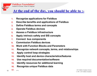 11
© 1994 – 2013 Fieldbus Foundation
2013 Fieldbus Foundation Seminar
1. Recognize applications for Fieldbus
2. Describe benefits and applications of Fieldbus
3. Define Fieldbus terms and concepts
4. Operate Fieldbus devices
5. Assess a Fieldbus infrastructure
6. Apply intrinsic safety and SIS concepts
7. Connect bus components
8. Commission Fieldbus devices
10. Work with Function Blocks and Parameters
11. Recognize network concepts, terms, and relationships
12. Apply control loop strategies
13. Identify host and device characteristics/features
14. Use required documentation/software
15. Identify resources for additional learning
16. Recognize unique Fieldbus data
17. …
At the end of the day, you should be able to :-
 