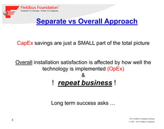 3
© 1994 – 2013 Fieldbus Foundation
2013 Fieldbus Foundation Seminar
Separate vs Overall Approach
CapEx savings are just a SMALL part of the total picture
Overall installation satisfaction is affected by how well the
technology is implemented (OpEx)
&
! repeat business !
Long term success asks …
 