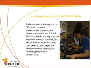 Toda empresa sob o regime da CLT deve contratar adolescentes e jovens, em número equivalente a 5% até 15% do total de empregados do estabelecimento cujas funções exijam formação profissional, com exceção dos cargos de nível técnico ou superior, ou funções gerenciais e temporárias.  Lei de Aprendizagem e Leis n° 10.097/00 e 11.180/05 