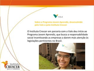 O Instituto Crescer em parceria com a Vale deu início ao Programa Jovem Aprendiz, que busca a responsabilidade social incentivando as empresas a darem mais atenção às legislações pertinentes no Brasil. Sobre o Programa Jovem Aprendiz, desenvolvido  pela Vale e pelo Instituto Crescer 