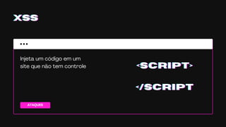 ATAQUES
XSSXSSXSS
Injeta um código em um
site que não tem controle <SCRIPT><SCRIPT><SCRIPT>
</SCRIPT</SCRIPT</SCRIPT
 