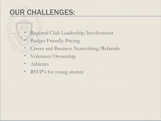 OUR CHALLENGES: Regional Club Leadership/Involvement Budget Friendly Pricing Career and Business Networking/Referrals Volunteer Ownership Athletics RSVP’s for young alumni 
