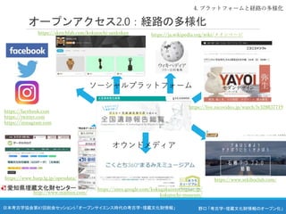 野口 「考古学・埋蔵文化財情報のオープン化」
日本考古学協会第87回総会セッション5 「オープンサイエンス時代の考古学・埋蔵文化財情報」
オープンアクセス2.0：経路の多様化
オウンドメディア
ソーシャルプラットフォーム
4. プラットフォームと経路の多様化
https://facebook.com
https://twitter.com
https://instagram.com
https://sketchfab.com/kokutochi-sankokan https://ja.wikipedia.org/wiki/メインページ
https://live.nicovideo.jp/watch/lv328837719
https://sites.google.com/kokugakuintochigi.ac.jp/
kokutochi-museum/
https://www.sekiboclub.com/
https://www.harp.lg.jp/opendata/
http://www.maibun.com/
 