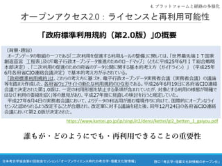 野口 「考古学・埋蔵文化財情報のオープン化」
日本考古学協会第87回総会セッション5 「オープンサイエンス時代の考古学・埋蔵文化財情報」
オープンアクセス2.0：ライセンスと再利用可能性
4. プラットフォームと経路の多様化
https://www.kantei.go.jp/jp/singi/it2/densi/kettei/gl2_betten_1_gaiyou.pdf
誰もが・どのようにでも・再利用できることの重要性
 
