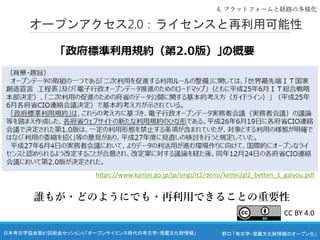 野口 「考古学・埋蔵文化財情報のオープン化」
日本考古学協会第87回総会セッション5 「オープンサイエンス時代の考古学・埋蔵文化財情報」
オープンアクセス2.0：ライセンスと再利用可能性
4. プラットフォームと経路の多様化
https://www.kantei.go.jp/jp/singi/it2/densi/kettei/gl2_betten_1_gaiyou.pdf
誰もが・どのようにでも・再利用できることの重要性
CC BY 4.0
 