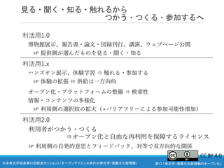 野口 「考古学・埋蔵文化財情報のオープン化」
日本考古学協会第87回総会セッション5 「オープンサイエンス時代の考古学・埋蔵文化財情報」
見る・聞く・知る・触れるから
つかう・つくる・参加するへ
利活用1.0
博物館展示、報告書・論文・図録刊行、講演、ウェブページ公開
☞ 提供側が選んだものを見る・聞く・知る
利活用1.x
ハンズオン展示、体験学習 ⇒ 触れる・参加する
☞ 体験の拡張 ⇔ 供給は一方向的
オープン化・プラットフォームの整備 ⇒ 検索性
情報・コンテンツの多様化
☞ 利用側の選択肢の拡大（+バリアフリーによる参加可能性増加）
利活用2.0
利用者がつかう・つくる
⇒オープン化と自由な再利用を保障するライセンス
☞ 利用側の自発的意思とフィードバック、対等で双方向的な関係
CC BY 4.0
 