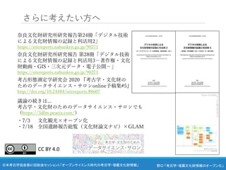 野口 「考古学・埋蔵文化財情報のオープン化」
日本考古学協会第87回総会セッション5 「オープンサイエンス時代の考古学・埋蔵文化財情報」
さらに考えたい方へ
奈良文化財研究所研究報告第24冊「デジタル技術
による文化財情報の記録と利活用2」
https://sitereports.nabunken.go.jp/90271
奈良文化財研究所研究報告 第28冊「デジタル技術
による文化財情報の記録と利活用3－著作権・文化
財動画・GIS・三次元データ・電子公開－」
https://sitereports.nabunken.go.jp/90271
考古形態測定学研究会 2020 『考古学・文化財の
ためのデータサイエンス・サロンonline予稿集#5』
http://doi.org/10.24484/sitereports.88607
議論の続きは...
考古学・文化財のためのデータサイエンス・サロンでも
（https://3dlm.peatix.com/）
・7/3 文化観光×オープン化
・7/18 全国遺跡報告総覧（文化財論文ナビ）×GLAM
CC BY 4.0
 