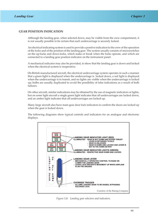 99
Chapter 3Landing Gear
GEAR POSITION INDICATION
Although the landing gear, when selected down, may be visible from the crew compartment, it
is not usually possible to be certain that each undercarriage is securely locked.
An electrical indicating system is used to provide a positive indication to the crew of the operation
of the locks and of the position of the landing gear. The system usually consists of microswitches
on the up-locks and down-locks, which make or break when the locks operate, and which are
connected to a landing gear position indicator on the instrument panel.
A mechanical indicator may also be provided, to show that the landing gear is down and locked
when the electrical system is inoperative.
On British manufactured aircraft, the electrical undercarriage system operates in such a manner
that a green light is displayed when the undercarriage is locked down, a red light is displayed
when the undercarriage is in transit, and no lights are visible when the undercarriage is locked
up; bulbs are usually duplicated to avoid the possibility of false indications as a result of bulb
failures.
On other aircraft, similar indications may be obtained by the use of magnetic indicators or lights,
but on some light aircraft a single green light indicates that all undercarriages are locked down,
and an amber light indicates that all undercarriages are locked up.
Many large aircraft also have main gear door lock indicators to confirm the doors are locked up
when the gear is locked down.
The following diagrams show typical controls and indicators for an analogue and electronic
displays.
Courtesy of the Boeing Company
Figure 1.8 Landing Gear Selectors and Indicators
Figure 3.8: Landing gear selectors and indicators.
Courtesy of the Boeing Company
 