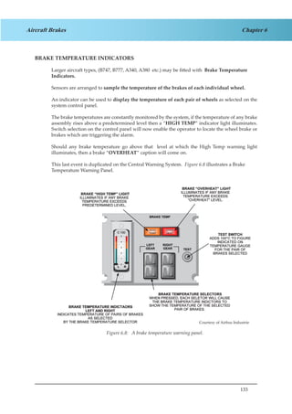 133
Chapter 6Aircraft Brakes
BRAKE TEMPERATURE INDICATORS
Larger aircraft types, (B747, B777, A340, A380 etc.) may be fitted with Brake Temperature
Indicators.
Sensors are arranged to sample the temperature of the brakes of each individual wheel.
An indicator can be used to display the temperature of each pair of wheels as selected on the
system control panel.
The brake temperatures are constantly monitored by the system, if the temperature of any brake
assembly rises above a predetermined level then a “HIGH TEMP” indicator light illuminates.
Switch selection on the control panel will now enable the operator to locate the wheel brake or
brakes which are triggering the alarm.
Should any brake temperature go above that level at which the High Temp warning light
illuminates, then a brake “OVERHEAT” caption will come on.
This last event is duplicated on the Central Warning System. Figure 6.8 illustrates a Brake
Temperature Warning Panel.
HIGH
TEMP
OVER
HEAT
Figure 6.8: A brake temperature warning panel.
Courtesy of Airbus Industrie
 