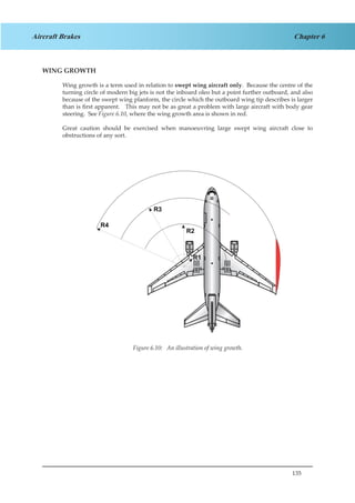 135
Chapter 6Aircraft Brakes
WING GROWTH
Wing growth is a term used in relation to swept wing aircraft only. Because the centre of the
turning circle of modern big jets is not the inboard oleo but a point further outboard, and also
because of the swept wing planform, the circle which the outboard wing tip describes is larger
than is first apparent. This may not be as great a problem with large aircraft with body gear
steering. See Figure 6.10, where the wing growth area is shown in red.
Great caution should be exercised when manoeuvring large swept wing aircraft close to
obstructions of any sort.
Figure 6.10: An illustration of wing growth.
 