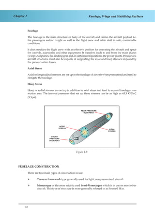 10
Chapter 1 Fuselage, Wings and Stabilising Surfaces
Fuselage
The fuselage is the main structure or body of the aircraft and carries the aircraft payload i.e.
the passengers and/or freight as well as the flight crew and cabin staff in safe, comfortable
conditions.
It also provides the flight crew with an effective position for operating the aircraft and space
for controls, accessories and other equipment. It transfers loads to and from the main planes
(wings), tailplanes, fin, landing gear and, in certain configurations, the power plants. Pressurised
aircraft structures must also be capable of supporting the axial and hoop stresses imposed by
the pressurisation forces.
Axial Stress
Axial or longitudinal stresses are set up in the fuselage of aircraft when pressurised and tend to
elongate the fuselage.
Hoop Stress
Hoop or radial stresses are set up in addition to axial stress and tend to expand fuselage cross
section area. The internal pressures that set up these stresses can be as high as 65.5 KN/m2
(9.5psi).
Figure 1.6
FUSELAGE CONSTRUCTION
There are two main types of construction in use:
Truss or framework¾¾ type generally used for light, non pressurised, aircraft.
Monocoque¾¾ or the more widely used Semi-Monocoque which is in use on most other
aircraft. This type of structure is more generally referred to as Stressed Skin.
Figure 1.9:
 