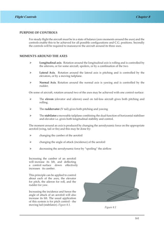 161
Chapter 8Flight Controls
PURPOSE OF CONTROLS
For steady flight the aircraft must be in a state of balance (zero moments around the axes) and the
controls enable this to be achieved for all possible configurations and C.G. positions. Secondly
the controls will be required to manoeuvre the aircraft around its three axes.
MOMENTS AROUND THE AXES
Longitudinal axis¾¾ . Rotation around the longitudinal axis is rolling and is controlled by
the ailerons, or for some aircraft, spoilers, or by a combination of the two.
Lateral Axis¾¾ . Rotation around the lateral axis is pitching and is controlled by the
elevators, or by a moving tailplane.
Normal Axis¾¾ . Rotation around the normal axis is yawing and is controlled by the
rudder.
On some of aircraft, rotation around two of the axes may be achieved with one control surface:
The¾¾ elevon (elevator and aileron) used on tail-less aircraft gives both pitching and
rolling.
The¾¾ ruddervator (V tail) gives both pitching and yawing
The¾¾ stabilator a moveable tailplane combining the dual function of horizontal stabiliser
and elevator i.e. gives both longitudinal stability and control.
The moment around an axis is produced by changing the aerodynamic force on the appropriate
aerofoil (wing, tail or fin) and this may be done by:
changing the camber of the aerofoil¾¾
changing the angle of attack (incidence) of the aerofoil¾¾
decreasing the aerodynamic force by “spoiling” the airflow¾¾
Increasing the camber of an aerofoil
will increase its lift, and deflecting
a control surface down effectively
increases its camber.
This principle can be applied to control
about each of the axes, the elevator
for pitch, the aileron for roll, and the
rudder for yaw.
Increasing the incidence and hence the
angle of attack of an aerofoil will also
increase its lift. The usual application
of this system is for pitch control - the
moving tail (stabilator). Figure 8.1.
						 	
	
Figure 2.1
Figure 8.1
 