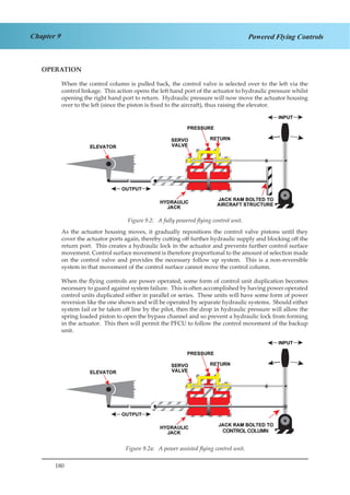 180
Chapter 9 Powered Flying Controls
OPERATION
When the control column is pulled back, the control valve is selected over to the left via the
control linkage. This action opens the left hand port of the actuator to hydraulic pressure whilst
opening the right hand port to return. Hydraulic pressure will now move the actuator housing
over to the left (since the piston is fixed to the aircraft), thus raising the elevator.
Figure 3.2. A Powered Flying Control unit.
As the actuator housing moves, it gradually repositions the control valve pistons until they
cover the actuator ports again, thereby cutting off further hydraulic supply and blocking off the
return port. This creates a hydraulic lock in the actuator and prevents further control surface
movement. Control surface movement is therefore proportional to the amount of selection made
on the control valve and provides the necessary follow up system. This is a non-reversible
system in that movement of the control surface cannot move the control column.
When the flying controls are power operated, some form of control unit duplication becomes
necessary to guard against system failure. This is often accomplished by having power operated
control units duplicated either in parallel or series. These units will have some form of power
reversion like the one shown and will be operated by separate hydraulic systems. Should either
system fail or be taken off line by the pilot, then the drop in hydraulic pressure will allow the
spring loaded piston to open the bypass channel and so prevent a hydraulic lock from forming
in the actuator. This then will permit the PFCU to follow the control movement of the backup
unit.
Figure 3.2. A Powered Assisted Flying Control unit.
CONTROLCOLUMN
Figure 9.2: A fully powered flying control unit.
Figure 9.2a: A power assisted flying control unit.
 