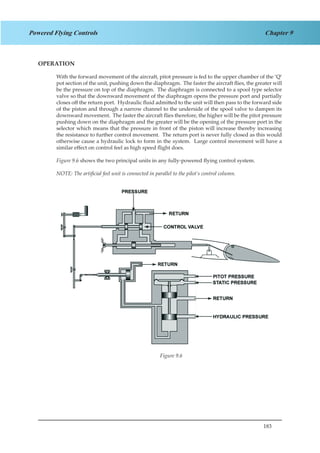 183
Chapter 9Powered Flying Controls
OPERATION
With the forward movement of the aircraft, pitot pressure is fed to the upper chamber of the ‘Q’
pot section of the unit, pushing down the diaphragm. The faster the aircraft flies, the greater will
be the pressure on top of the diaphragm. The diaphragm is connected to a spool type selector
valve so that the downward movement of the diaphragm opens the pressure port and partially
closes off the return port. Hydraulic fluid admitted to the unit will then pass to the forward side
of the piston and through a narrow channel to the underside of the spool valve to dampen its
downward movement. The faster the aircraft flies therefore, the higher will be the pitot pressure
pushing down on the diaphragm and the greater will be the opening of the pressure port in the
selector which means that the pressure in front of the piston will increase thereby increasing
the resistance to further control movement. The return port is never fully closed as this would
otherwise cause a hydraulic lock to form in the system. Large control movement will have a
similar effect on control feel as high speed flight does.
Figure 9.6 shows the two principal units in any fully-powered flying control system.
NOTE: The artificial feel unit is connected in parallel to the pilot’s control column.
Figure 3.6.
Figure 9.6
 