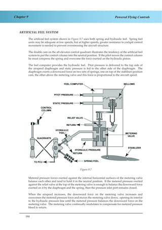184
Chapter 9 Powered Flying Controls
ARTIFICIAL FEEL SYSTEM
The artificial feel system shown in Figure 9.7 uses both spring and hydraulic feel. Spring feel
units may be adequate at low speeds, but at higher speeds, greater resistance to cockpit control
movement is needed to prevent overstressing the aircraft structure.
The double cam on the aft elevator control quadrant illustrates the tendency of the artificial feel
system to put the control column into the neutral position. If the pilot moves the control column
he must compress the spring and overcome the force exerted on the hydraulic piston.
The feel computer provides the hydraulic feel. Pitot pressure is delivered to the top side of
the airspeed diaphragm and static pressure is fed to the other side of the diaphragm. The
diaphragm exerts a downward force on two sets of springs, one on top of the stabiliser position
cam, the other above the metering valve and this force is proportional to the aircraft speed.
Figure 3.7
Metered pressure forces exerted against the internal horizontal surfaces of the metering valve
balance each other and tend to hold it in the neutral position. If the metered pressure exerted
against the relief valve at the top of the metering valve is enough to balance the downward force
exerted on it by the diaphragm and the spring, then the pressure inlet port remains closed.
When the airspeed increases, the downward force on the metering valve increases and
overcomes the metered pressure force and moves the metering valve down, opening its interior
to the hydraulic pressure line until the metered pressure balances the downward force on the
metering valve. The metering valve continually modulates to compensate for metered pressure
bleed to return.
Figure 9.7
 