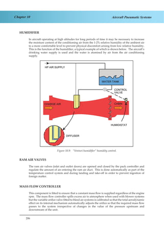 206
Chapter 10 Aircraft Pneumatic Systems
HUMIDIFIER
In aircraft operating at high altitudes for long periods of time it may be necessary to increase
the moisture content of the conditioning air from the 1-2% relative humidity of the ambient air
to a more comfortable level to prevent physical discomfort arising from low relative humidity.
This is the function of the humidifier, a typical example of which is shown below. The aircraft’s
drinking water supply is used and the water is atomised by air from the air conditioning
supply.
Figure 1.9. “Venturi Humidifier” Humidity Control.
RAM AIR VALVES
The ram air valves (inlet and outlet doors) are opened and closed by the pack controller and
regulate the amount of air entering the ram air duct. This is done automatically as part of the
temperature control system and during landing and take-off in order to prevent ingestion of
foreign matter.
MASS FLOW CONTROLLER
This component is fitted to ensure that a constant mass flow is supplied regardless of the engine
rpm. The mass flow controller spills excess air to atmosphere when used with blower systems
but the variable orifice valve fitted to bleed air systems is calibrated so that the total aerodynamic
effect on its internal mechanism automatically adjusts the orifice so that the required mass flow
passes to the system irrespective of changes in the value of the pressure upstream and
downstream of the unit.
Figure 10.9: “Venturi humidifier” humidity control.
 