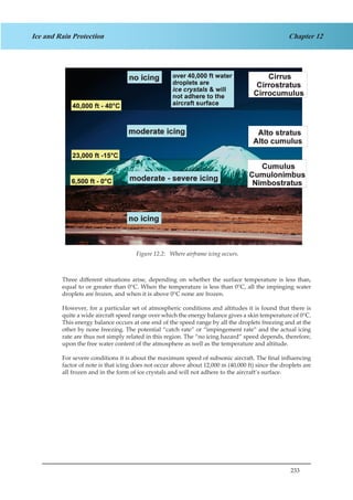 233
Chapter 12Ice and Rain Protection
Figure 1.2. Where Airframe Icing Occurs.
Three different situations arise, depending on whether the surface temperature is less than,
equal to or greater than 0°C. When the temperature is less than 0°C, all the impinging water
droplets are frozen, and when it is above 0°C none are frozen.
However, for a particular set of atmospheric conditions and altitudes it is found that there is
quite a wide aircraft speed range over which the energy balance gives a skin temperature of 0°C.
This energy balance occurs at one end of the speed range by all the droplets freezing and at the
other by none freezing. The potential “catch rate” or “impingement rate” and the actual icing
rate are thus not simply related in this region. The “no icing hazard” speed depends, therefore,
upon the free water content of the atmosphere as well as the temperature and altitude.
For severe conditions it is about the maximum speed of subsonic aircraft. The final influencing
factor of note is that icing does not occur above about 12,000 m (40,000 ft) since the droplets are
all frozen and in the form of ice crystals and will not adhere to the aircraft’s surface.
Figure 12.2: Where airframe icing occurs.
 