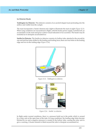 235
Chapter 12Ice and Rain Protection
Ice Detector Heads
Teddington Ice Detector. This detector consists of an aerofoil shaped mast protruding into the
airflow and visible from the cockpit.
The mast incorporates a heater element and a light to illuminate the mast at night (Figure 12.3).
When icing conditions are encountered in flight, with the heater power supply switched off, ice
accumulates on the mast and gives a direct visual indication of ice accretion. The heater may be
switched on to dissipate accumulated ice.
Smiths Ice Detector. The Smiths ice detector consists of a hollow tube, attached to the aircraft by
one end and has holes drilled in the leading and trailing faces; there are four holes in the leading
edge and two in the trailing edge (Figure 12.4).
Figure 1.3. Teddington Ice Detector.
In flight under normal conditions, there is a pressure build up in the probe which is sensed
by a relay unit at the open base of the tube. In icing conditions, the leading edge holes become
blocked by ice and a negative pressure is created in the hollow tube, causing the relay unit to
give a warning. A heater element is fitted around the tube to dissipate accumulated ice.
Figure 12.3: Teddington ice detector.
Figure 12.4: Smiths’ ice detector.
 