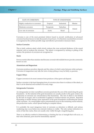22
Chapter 1 Fuselage, Wings and Stabilising Surfaces
RATE OF CORROSION TYPE OF ATMOSPHERE
Highly conductive to corrosion Tropical Industrial Marine
Moderate corrosion Temperate Suburban
Inland
Low rate of corrosion Arctic Rural
	
Corrosion is one of the most persistent defects found in aircraft, rectification of advanced
corrosion has been known to take thousands of man hours. It is therefore essential that corrosion
is recognised at the earliest possible stage and effective preventative measures taken.
Surface Corrosion
This is fairly uniform attack which slowly reduces the cross sectional thickness of the sound
material, and so weakens the structure. The attack is recognised by etching or pitting of the
surface, the products of corrosion are recognised as:
Steels
Ferrous metals other than stainless steel become covered with reddish brown powder commonly
known as rust.
Aluminium and Magnesium
Corrosion produces powdery deposits and the colour of which varies between white and grey.
Corrosion of magnesium may take the form of deep pitting or may be fluffy or granular.
Copper Alloys
Copper corrosion in its most common form produces a blue-green salt deposit.
Surface corrosion is the least damaging form of corrosion since there is evidence of the attack, so
that it can be detected and rectified at an early stage.
Intergranular Corrosion
An intergranular (or inter-crystalline) corrosion penetrates the core of the metal along the grain
boundaries. As the material at the grain boundaries are usually anodic to the grain centres, the
production of corrosion are concentrated at the boundaries. The rate of attack is not limited
by the lack of oxygen, and is accelerated if applied or residual stresses are present. Repeated
fluctuating or tensile stresses cause separation of the grain boundaries accelerating the spread
of the corrosion. As a result higher stress concentrations occur in the remaining sound material,
this production cracks, which spread leading to complete failure.
It is probably the most dangerous form of corrosion as detection is difficult, and serious
weakening may occur before any external evidence is visible. The only surface indication is a
series of hair line cracks, these are usually only visible through a magnifying glass.
There is no effective method of determining or limiting the loss of strength that will occur, so
that when detected, parts must be immediately rejected.
 