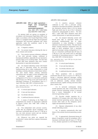 307
Chapter 14Emergency Equipment
SECTION 1 JAR–OPS 1 Subpart K
JAR-OPS 1.652 (continued)
JAR-OPS 1.652 IFR or night operations –
Flight and navigational
instruments and
associated equipment
(See AMC OPS 1.650/1.652)
(See IEM OPS 1.650/1.652)
An operator shall not operate an aeroplane in
accordance with Instrument Flight Rules (IFR) or by
night in accordance with Visual Flight Rules (VFR)
unless it is equipped with the flight and navigational
instruments and associated equipment and, where
applicable, under the conditions stated in the
following sub-paragraphs:
(a) A magnetic compass;
(b) An accurate time-piece showing the time in
hours, minutes and seconds;
(c) Two sensitive pressure altimeters calibrated
in feet with sub-scale settings, calibrated in
hectopascals/millibars, adjustable for any barometric
pressure likely to be set during flight. Not later than
1 April 2002 these altimeters must have counter
drum-pointer or equivalent presentation.
(d) An airspeed indicating system with heated
pitot tube or equivalent means for preventing
malfunctioning due to either condensation or icing
including a warning indication of pitot heater failure.
The pitot heater failure warning indication
requirement does not apply to those aeroplanes with
a maximum approved passenger seating
configuration of 9 or less or a maximum certificated
take-off mass of 5 700 kg or less and issued with an
individual Certificate of Airworthiness prior to 1
April 1998 (See AMC OPS 1.652(d) & (k)(2));
Note: Applicability Date 1 April 1999 (for the pitot heater
failure warning indication).
(e) A vertical speed indicator;
(f) A turn and slip indicator;
(g) An attitude indicator;
(h) A stabilised direction indicator;
(i) A means of indicating in the flight crew
compartment the outside air temperature calibrated
in degrees Celsius (See AMC OPS 1.650(i) &
1.652(i)); and
(j) Two independent static pressure systems,
except that for propeller driven aeroplanes with
maximum certificated take-off mass of 5 700 kg or
less, one static pressure system and one alternate
source of static pressure is allowed.
(k) Whenever two pilots are required the
second pilot’s station shall have separate instruments
as follows:
(1) A sensitive pressure altimeter
calibrated in feet with a sub-scale setting,
calibrated in hectopascals/millibars, adjustable for
any barometric pressure likely to be set during
flight and which may be one of the 2 altimeters
required by sub-paragraph (c) above. Not later
than 1 April 2002 these altimeters must have
counter drum-pointer or equivalent presentation.
(2) An airspeed indicating system with
heated pitot tube or equivalent means for
preventing malfunctioning due to either
condensation or icing including a warning
indication of pitot heater failure. The pitot heater
failure warning indication requirement does not
apply to those aeroplanes with a maximum
approved passenger seating configuration of 9 or
less or a maximum certificated take-off mass of
5 700 kg or less and issued with an individual
Certificate of Airworthiness prior to 1 April 1998
(See AMC OPS 1.652(d) & (k)(2));
Note: Applicability Date 1 April 1999 (for the pitot heater
failure warning indication).
(3) A vertical speed indicator;
(4) A turn and slip indicator;
(5) An attitude indicator; and
(6) A stabilised direction indicator.
(l) Those aeroplanes with a maximum
certificated take-off mass in excess of 5 700 kg or
having a maximum approved passenger seating
configuration of more than 9 seats must be equipped
with an additional, standby, attitude indicator
(artificial horizon), capable of being used from either
pilot’s station, that:
(1) Is powered continuously during
normal operation and, after a total failure of the
normal electrical generating system is powered
from a source independent of the normal
electrical generating system;
(2) Provides reliable operation for a
minimum of 30 minutes after total failure of the
normal electrical generating system, taking into
account other loads on the emergency power
supply and operational procedures;
(3) Operates independently of any other
attitude indicating system;
(4) Is operative automatically after total
failure of the normal electrical generating system;
and
(5) Is appropriately illuminated during all
phases of operation, except for aeroplanes with a
maximum certificated take-off mass of 5 700 kg
or less, already registered in a JAA Member State
Amendment 7 1–K–3 01.09.04
 
