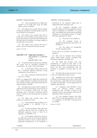 312
Chapter 14 Emergency Equipment
JAR–OPS 1 Subpart K SECTION 1
JAR-OPS 1.710(a) (continued) JAR-OPS 1.715(c)(3) (continued)
(5) Voice communications of flight crew
members on the flight deck using the public
address system, if installed.
(b) The cockpit voice recorder shall be capable
of retaining information recorded during at least the
last 30 minutes of its operation.
(c) The cockpit voice recorder must start to
record prior to the aeroplane moving under its own
power and continue to record until the termination of
the flight when the aeroplane is no longer capable of
moving under its own power.
(d) The cockpit voice recorder must have a
device to assist in locating that recorder in water.
[Amdt. 4, 01.07.02]
JAR–OPS 1.715 Flight data recorders–1
(See Appendix 1 to JAR-OPS
1.715)
(See ACJ OPS 1.715)
(a) An operator shall not operate any aeroplane
first issued with an individual Certificate of
Airworthiness on or after 1 April 1998 which:
(1) Is multi-engine turbine powered and
has a maximum approved passenger seating
configuration of more than 9; or
(2) Has a maximum certificated take-off
mass over 5 700 kg,
unless it is equipped with a flight data recorder that
uses a digital method of recording and storing data
and a method of readily retrieving that data from the
storage medium is available.
(b) The flight data recorder shall be capable of
retaining the data recorded during at least the last 25
hours of its operation except that, for those
aeroplanes with a maximum certificated take-off
mass of 5 700 kg or less, this period may be reduced
to 10 hours.
(c) The flight data recorder must, with
reference to a timescale, record:
(1) The parameters listed in Tables A1 or
A2 of Appendix 1 to JAR-OPS 1.715 as
applicable;
(2) For those aeroplanes with a maximum
certificated take-off mass over 27 000 kg, the
additional parameters listed in Table B of
Appendix 1 to JAR-OPS 1.715;
(3) For aeroplanes specified in (a) above,
the flight data recorder must record any dedicated
parameters relating to novel or unique design or
operational characteristics of the aeroplane as
determined by the Authority during type or
supplemental type certification; and
(4) For aeroplanes equipped with
electronic display system the parameters listed in
Table C of Appendix 1 to JAR-OPS 1.715, except
that , for aeroplanes first issued with an individual
Certificate of Airworthiness before 20 August
2002 those parameters for which:
(i) The sensor is not available; or
(ii) The aeroplane system or
equipment generating the data needs to be
modified; or
(iii) The signals are incompatible
with the recording system;
do not need to be recorded if acceptable to the
Authority.
(d) Data must be obtained from aeroplane
sources which enable accurate correlation with
information displayed to the flight crew.
(e) The flight data recorder must start
automatically to record the data prior to the
aeroplane being capable of moving under its own
power and must stop automatically after the
aeroplane is incapable of moving under its own
power.
(f) The flight data recorder must have a device
to assist in locating that recorder in water.
(g) Aeroplanes first issued with an individual
Certificate of Airworthiness on or after 1 April 1998,
but not later than 1 April 2001 may not be required
to comply with JAR-OPS 1.715(c) if approved by the
Authority, provided that:
(1) Compliance with JAR-OPS 1.715(c)
cannot be achieved without extensive
modification (See ACJ-OPS 1.715(g)) to the
aeroplane systems and equipment other than the
flight data recorder system; and
(2) The aeroplane complies with JAR-
OPS 1.720(c) except that parameter 15b in Table
A of Appendix 1 to JAR-OPS 1.720 need not to
be recorded.
[Amdt. 4, 01.07.02]
01.09.04 1–K–8 Amendment 7
 