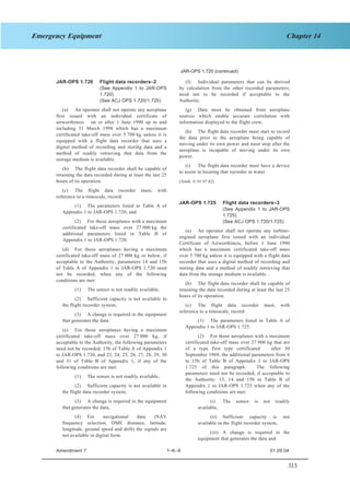313
Chapter 14Emergency Equipment
SECTION 1 JAR–OPS 1 Subpart K
JAR-OPS 1.720 (continued)
JAR-OPS 1.720 Flight data recorders–2
(See Appendix 1 to JAR-OPS
1.720)
(See ACJ OPS 1.720/1.725)
(a) An operator shall not operate any aeroplane
first issued with an individual certificate of
airworthiness on or after 1 June 1990 up to and
including 31 March 1998 which has a maximum
certificated take-off mass over 5 700 kg unless it is
equipped with a flight data recorder that uses a
digital method of recording and storing data and a
method of readily retrieving that data from the
storage medium is available.
(b) The flight data recorder shall be capable of
retaining the data recorded during at least the last 25
hours of its operation.
(c) The flight data recorder must, with
reference to a timescale, record:
(1) The parameters listed in Table A of
Appendix 1 to JAR-OPS 1.720; and
(2) For those aeroplanes with a maximum
certificated take-off mass over 27 000 kg the
additional parameters listed in Table B of
Appendix 1 to JAR-OPS 1.720.
(d) For those aeroplanes having a maximum
certificated take-off mass of 27 000 kg or below, if
acceptable to the Authority, parameters 14 and 15b
of Table A of Appendix 1 to JAR-OPS 1.720 need
not be recorded, when any of the following
conditions are met:
(1) The sensor is not readily available,
(2) Sufficient capacity is not available in
the flight recorder system,
(3) A change is required in the equipment
that generates the data.
(e) For those aeroplanes having a maximum
certificated take-off mass over 27 000 kg, if
acceptable to the Authority, the following parameters
need not be recorded: 15b of Table A of Appendix 1
to JAR-OPS 1.720, and 23, 24, 25, 26, 27, 28, 29, 30
and 31 of Table B of Appendix 1, if any of the
following conditions are met:
(1) The sensor is not readily available,
(2) Sufficient capacity is not available in
the flight data recorder system,
(3) A change is required in the equipment
that generates the data,
(4) For navigational data (NAV
frequency selection, DME distance, latitude,
longitude, ground speed and drift) the signals are
not available in digital form.
(f) Individual parameters that can be derived
by calculation from the other recorded parameters,
need not to be recorded if acceptable to the
Authority.
(g) Data must be obtained from aeroplane
sources which enable accurate correlation with
information displayed to the flight crew.
(h) The flight data recorder must start to record
the data prior to the aeroplane being capable of
moving under its own power and must stop after the
aeroplane is incapable of moving under its own
power.
(i) The flight data recorder must have a device
to assist in locating that recorder in water.
[Amdt. 4, 01.07.02]
JAR-OPS 1.725 Flight data recorders–3
(See Appendix 1 to JAR-OPS
1.725)
(See ACJ OPS 1.720/1.725)
(a) An operator shall not operate any turbine-
engined aeroplane first issued with an individual
Certificate of Airworthiness, before 1 June 1990
which has a maximum certificated take-off mass
over 5 700 kg unless it is equipped with a flight data
recorder that uses a digital method of recording and
storing data and a method of readily retrieving that
data from the storage medium is available .
(b) The flight data recorder shall be capable of
retaining the data recorded during at least the last 25
hours of its operation.
(c) The flight data recorder must, with
reference to a timescale, record:
(1) The parameters listed in Table A of
Appendix 1 to JAR-OPS 1.725.
(2) For those aeroplanes with a maximum
certificated take-off mass over 27 000 kg that are
of a type first type certificated after 30
September 1969, the additional parameters from 6
to 15b of Table B of Appendix 1 to JAR-OPS
1.725 of this paragraph. The following
parameters need not be recorded, if acceptable to
the Authority: 13, 14 and 15b in Table B of
Appendix 1 to JAR-OPS 1.725 when any of the
following conditions are met:
(i) The sensor is not readily
available,
(ii) Sufficient capacity is not
available in the flight recorder system,
(iii) A change is required in the
equipment that generates the data and
Amendment 7 1–K–9 01.09.04
 