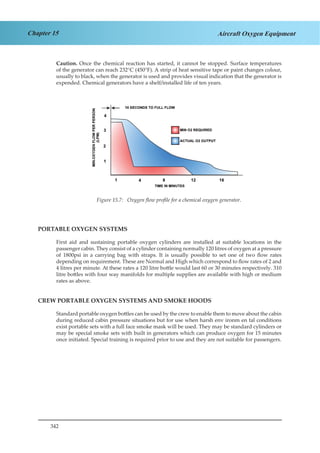 342
Chapter 15 Aircraft Oxygen Equipment
Caution. Once the chemical reaction has started, it cannot be stopped. Surface temperatures
of the generator can reach 232°C (450°F). A strip of heat sensitive tape or paint changes colour,
usually to black, when the generator is used and provides visual indication that the generator is
expended. Chemical generators have a shelf/installed life of ten years.	
Figure 2.7. Oxygen Flow Profile for a Chemical Oxygen
Generator
PORTABLE OXYGEN SYSTEMS
First aid and sustaining portable oxygen cylinders are installed at suitable locations in the
passenger cabin. They consist of a cylinder containing normally 120 litres of oxygen at a pressure
of 1800psi in a carrying bag with straps. It is usually possible to set one of two flow rates
depending on requirement. These are Normal and High which correspond to flow rates of 2 and
4 litres per minute. At these rates a 120 litre bottle would last 60 or 30 minutes respectively. 310
litre bottles with four way manifolds for multiple supplies are available with high or medium
rates as above.
CREW PORTABLE OXYGEN SYSTEMS AND SMOKE HOODS
Standard portable oxygen bottles can be used by the crew to enable them to move about the cabin
during reduced cabin pressure situations but for use when harsh env ironm en tal conditions
exist portable sets with a full face smoke mask will be used. They may be standard cylinders or
may be special smoke sets with built in generators which can produce oxygen for 15 minutes
once initiated. Special training is required prior to use and they are not suitable for passengers.
Figure 15.7: Oxygen flow profile for a chemical oxygen generator.
 