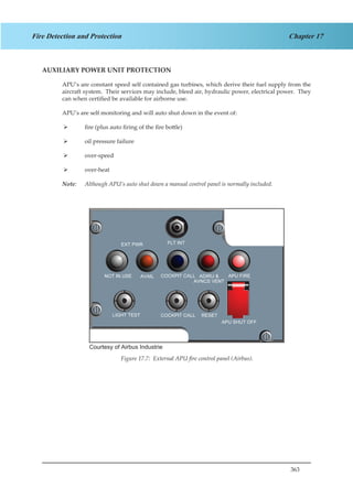 363
Chapter 17Fire Detection and Protection
AUXILIARY POWER UNIT PROTECTION
APU’s are constant speed self contained gas turbines, which derive their fuel supply from the
aircraft system. Their services may include, bleed air, hydraulic power, electrical power. They
can when certified be available for airborne use.
APU’s are self monitoring and will auto shut down in the event of:
fire (plus auto firing of the fire bottle)¾¾
oil pressure failure¾¾
over-speed¾¾
over-heat¾¾
Note:	 Although APU’s auto shut down a manual control panel is normally included.
Courtesy of Airbus Industrie
Figure 4.9. External APU fire control panel (Airbus)Figure 17.7: External APU fire control panel (Airbus).
 