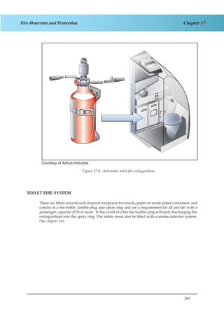 365
Chapter 17Fire Detection and Protection
Courtesy of Airbus Industrie
TOILET FIRE SYSTEM
These are fitted around each disposal receptacle for towels, paper or waste paper containers and
consist of a fire bottle, fusible plug and spray ring and are a requirement for all aircraft with a
passenger capacity of 20 or more. In the event of a fire the fusible plug will melt discharging fire
extinguishant into the spray ring. The toilets must also be fitted with a smoke detector system.
(See chapter 16).
Figure 17.9: Automatic toilet fire extinguishers.
 