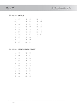 378
Fire Detection and ProtectionChapter 17
ANSWERS - OXYGEN
1. C 11. C 21. B
2. A 12. C 22. D
3. A 13. C 23. B
4. A 14. D 24. C
5. A 15. A 25. A
6. D 16. D 26. C
7. B 17. C 27. C
8. C 18. A
9. A 19. D
10. C 20. C
ANSWERS - EMERGENCY EQUIPMENT
1. C 11. D
2. D 12. C
3. B 13. A
4. C 14. C
5. B 15. B
6. D 16. C
7. B 17. C
8. C 18. D
9. D 19. C
10. A 20. D
 