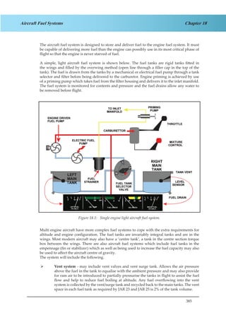 385
Chapter 18Aircraft Fuel Systems
The aircraft fuel system is designed to store and deliver fuel to the engine fuel system. It must
be capable of delivering more fuel than the engine can possibly use in its most critical phase of
flight so that the engine is never starved of fuel.
A simple, light aircraft fuel system is shown below. The fuel tanks are rigid tanks fitted in
the wings and filled by the overwing method (open line through a filler cap in the top of the
tank). The fuel is drawn from the tanks by a mechanical or electrical fuel pump through a tank
selector and filter before being delivered to the carburetor. Engine priming is achieved by use
of a priming pump which takes fuel from the filter housing and delivers it to the inlet manifold.
The fuel system is monitored for contents and pressure and the fuel drains allow any water to
be removed before flight.
Figure 1.1 Single Engine Light Aircraft Fuel System
Multi engine aircraft have more complex fuel systems to cope with the extra requirements for
altitude and engine configuration. The fuel tanks are invariably integral tanks and are in the
wings. Most modern aircraft may also have a ‘centre tank’, a tank in the centre section torque
box between the wings. There are also aircraft fuel systems which include fuel tanks in the
empennage (fin or stabilizer) which as well as being used to increase the fuel capacity may also
be used to affect the aircraft centre of gravity.
The system will include the following.
Vent system¾¾ - may include vent valves and vent surge tank. Allows the air pressure
above the fuel in the tank to equalise with the ambient pressure and may also provide
for ram air to be introduced to partially pressurise the tanks in flight to assist the fuel
flow and help to reduce fuel boiling at altitude. Any fuel overflowing into the vent
system is collected by the vent/surge tank and recycled back to the main tanks. The vent
space in each fuel tank as required by JAR 23 and JAR 25 is 2% of the tank volume.
Figure 18.1: Single engine light aircraft fuel system.
 