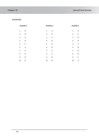 408
Aircraft Fuel SystemsChapter 18
ANSWERS
PAPER 1	 		 PAPER 2	 			 PAPER 3
1. B 1. A 1. A
2. D 2. D 2. C
3. A 3. C 3. D
4. D 4. D 4. B
5. C 5. B 5. A
6. A 6. B 6. D
7. C 7. A 7. B
8. B 8. A 8. B
9. B 9. B 9. C
10. C 10. B 10. A
	
 