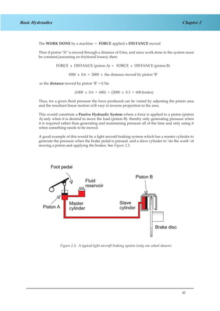 41
Chapter 2Basic Hydraulics
The WORK DONE by a machine = FORCE applied x DISTANCE moved
Then if piston “A” is moved through a distance of 0.6m, and since work done in the system must
be constant,(assuming no frictional losses), then:
FORCE x DISTANCE (piston A) = FORCE x DISTANCE (piston B)
1000 x 0.6 = 2000 x the distance moved by piston ‘B’
so the distance moved by piston ‘B’ = 0.3m
(1000 x 0.6 = 600) = (2000 x 0.3 = 600 Joules)
Thus, for a given fluid pressure the force produced can be varied by adjusting the piston area
and the resultant linear motion will vary in inverse proportion to the area.
This would constitute a Passive Hydraulic System where a force is applied to a piston (piston
A) only when it is desired to move the load (piston B). thereby only generating pressure when
it is required rather than generating and maintaining pressure all of the time and only using it
when something needs to be moved.
A good example of this would be a light aircraft braking system which has a master cylinder to
generate the pressure when the brake pedal is pressed, and a slave cylinder to ‘do the work’ of
moving a piston and applying the brakes. See Figure 2.3.
Figure 1.3 A Typical Light Aircraft Braking System (only one wheel shown)
Figure 2.3: A typical light aircraft braking system (only one wheel shown).
 