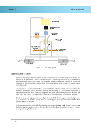 46
Chapter 2 Basic Hydraulics
OPEN-CENTRE SYSTEM
The main advantage of this system is that it is simple, the main disadvantage is that only one
service can be operated at a time. As shown in Figure. 2.5, fluid is passed directly to the reservoir
when no services are being operated, this allows the engine driven pump to run in an ‘off loaded’
condition as little pressure is generated but there is still a flow of oil through the pump to cool
and lubricate it.
On selection of a user system the fluid is directed to the actuator, which will move. When the
actuator reaches the end of its travel pressure will build up to a value when the selector is
returned to neutral in order to off load the pump and allow alternative selections to be made. the
relief valve will relieve excess pressure if the selector does not return to its neutral position.
This type of system is popular in many light aircraft which do not require a constant pressure
to be maintained all the time as only items like landing gear and flaps will be powered for short
periods of time each flight.
Light aircraft may alternatively be fitted with a self contained power pack, the pack may operate
the landing gear retraction system, they are also be used on large aircraft as emergency systems
or to operate freight doors, etc.
Figure 2.5: Open centre system.
 