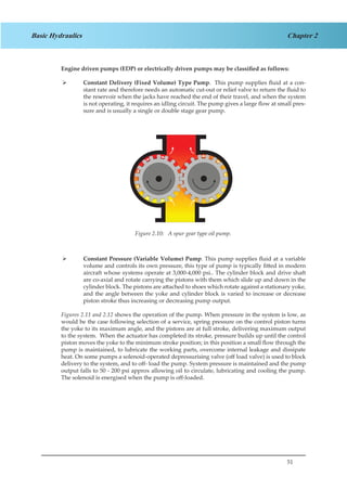 51
Chapter 2Basic Hydraulics
Engine driven pumps (EDP) or electrically driven pumps may be classified as follows:
Constant Delivery (Fixed Volume) Type Pump¾¾ . This pump supplies fluid at a con-
stant rate and therefore needs an automatic cut-out or relief valve to return the fluid to
the reservoir when the jacks have reached the end of their travel, and when the system
is not operating, it requires an idling circuit. The pump gives a large flow at small pres-
sure and is usually a single or double stage gear pump.
Figure 1.10. A Spur Gear Type Oil
Pump.Constant Pressure (Variable Volume) Pump¾¾ . This pump supplies fluid at a variable
volume and controls its own pressure, this type of pump is typically fitted in modern
aircraft whose systems operate at 3,000-4,000 psi.. The cylinder block and drive shaft
are co-axial and rotate carrying the pistons with them which slide up and down in the
cylinder block. The pistons are attached to shoes which rotate against a stationary yoke,
and the angle between the yoke and cylinder block is varied to increase or decrease
piston stroke thus increasing or decreasing pump output.
Figures 2.11 and 2.12 shows the operation of the pump. When pressure in the system is low, as
would be the case following selection of a service, spring pressure on the control piston turns
the yoke to its maximum angle, and the pistons are at full stroke, delivering maximum output
to the system. When the actuator has completed its stroke, pressure builds up until the control
piston moves the yoke to the minimum stroke position; in this position a small flow through the
pump is maintained, to lubricate the working parts, overcome internal leakage and dissipate
heat. On some pumps a solenoid-operated depressurising valve (off load valve) is used to block
delivery to the system, and to off- load the pump. System pressure is maintained and the pump
output falls to 50 - 200 psi approx allowing oil to circulate, lubricating and cooling the pump.
The solenoid is energised when the pump is off-loaded.
Figure 2.10: A spur gear type oil pump.
 
