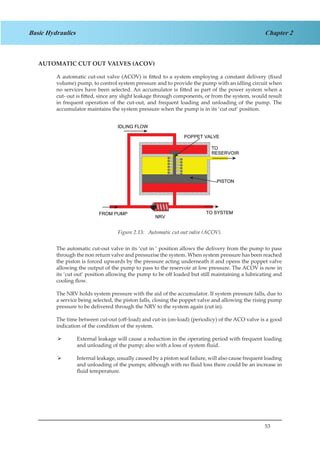 53
Chapter 2Basic Hydraulics
AUTOMATIC CUT OUT VALVES (ACOV)
A automatic cut-out valve (ACOV) is fitted to a system employing a constant delivery (fixed
volume) pump, to control system pressure and to provide the pump with an idling circuit when
no services have been selected. An accumulator is fitted as part of the power system when a
cut- out is fitted, since any slight leakage through components, or from the system, would result
in frequent operation of the cut-out, and frequent loading and unloading of the pump. The
accumulator maintains the system pressure when the pump is in its ‘cut out’ position.
Figure 1.13 Automatic Cut Out Valve (ACOV)
The automatic cut-out valve in its ‘cut in ‘ position allows the delivery from the pump to pass
through the non return valve and pressurise the system. When system pressure has been reached
the piston is forced upwards by the pressure acting underneath it and opens the poppet valve
allowing the output of the pump to pass to the reservoir at low pressure. The ACOV is now in
its ‘cut out’ position allowing the pump to be off loaded but still maintaining a lubricating and
cooling flow.
The NRV holds system pressure with the aid of the accumulator. If system pressure falls, due to
a service being selected, the piston falls, closing the poppet valve and allowing the rising pump
pressure to be delivered through the NRV to the system again (cut in).
The time between cut-out (off-load) and cut-in (on-load) (periodicy) of the ACO valve is a good
indication of the condition of the system.
External leakage will cause a reduction in the operating period with frequent loading¾¾
and unloading of the pump; also with a loss of system fluid.
Internal leakage, usually caused by a piston seal failure, will also cause frequent loading¾¾
and unloading of the pumps; although with no fluid loss there could be an increase in
fluid temperature.
Figure 2.13: Automatic cut out valve (ACOV).
 