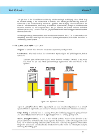55
Chapter 2Basic Hydraulics
The gas side of an accumulator is normally inflated through a charging valve, which may
be attached directly to the accumulator, or installed on a remote ground servicing panel and
connected to the accumulator by means of a pipeline. The charging valve usually takes the
form of a non-return valve, which may be depressed by means of a plunger in order to relieve
excessive pressure. To pre-charge or check, the gas pressure, the system pressure should be
released (off-loaded). This will allow the gas pressure to move the floating piston to the bottom
of the accumulator.
Incorrect pre-charge pressure of the main accumulator can cause the ACOV to cut in and out too
frequently. This may cause rapid fluctuations of system pressure which can be felt and heard as
‘hammering’ in the system.
HYDRAULIC JACKS (ACTUATORS)
Purpose: To convert fluid flow into linear or rotary motion, see Figure 2.15.
Construction: They vary in size and construction depending on the operating loads, but all
consist of:
An outer cylinder in which slides a piston and seal assembly. Attached to the piston
is a piston rod (or ram) which passes through a gland seal fitted into the end of the
cylinder.
Figure 1.15 Hydraulic Actuators
Types of Jacks (Actuators). Three types of jack are used for different purposes in an aircraft
system. Details of a particular jack should be obtained from the relevant maintenance manual.
Single Acting. Is normally used as a locking device, the lock being engaged by spring pressure
and released by hydraulic pressure. A typical application is a landing gear up-lock.
Double Acting Unbalanced. Is used in most aircraft systems. Because of the presence of the
piston rod the area of the top of the piston is greater than the area under it. Consequently, more
force can be applied during extension of the piston rod. Therefore, the operation which offers
the greater resistance is carried out in the direction in which the piston rod extends; for example,
in raising the landing gear.
Figure 2.15: Hydraulic actuators.
 