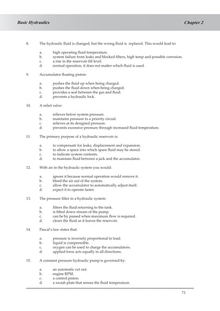 71
Chapter 2Basic Hydraulics
8.	 The hydraulic fluid is changed, but the wrong fluid is replaced. This would lead to:
a.	 high operating fluid temperature.
b.	 system failure from leaks and blocked filters, high temp and possible corrosion.
c.	 a rise in the reservoir fill level.
d.	 normal operation, it does not matter which fluid is used.
9.	 Accumulator floating piston:
a.	 pushes the fluid up when being charged.
b.	 pushes the fluid down when being charged.
c.	 provides a seal between the gas and fluid.
d.	 prevents a hydraulic lock.
10.	 A relief valve:
a.	 relieves below system pressure.
b.	 maintains pressure to a priority circuit.
c.	 relieves at its designed pressure.
d.	 prevents excessive pressure through increased fluid temperature.
11.	 The primary purpose of a hydraulic reservoir is:
a.	 to compensate for leaks, displacement and expansion.
b.	 to allow a space into which spare fluid may be stored.
c.	 to indicate system contents.
d.	 to maintain fluid between a jack and the accumulator.
12.	 With air in the hydraulic system you would:
a.	 ignore it because normal operation would remove it.
b.	 bleed the air out of the system.
c.	 allow the accumulator to automatically adjust itself.
d.	 expect it to operate faster.
13.	 The pressure filter in a hydraulic system:
a.	 filters the fluid returning to the tank.
b.	 is fitted down stream of the pump.
c.	 can be by passed when maximum flow is required.
d.	 clears the fluid as it leaves the reservoir.
14.	 Pascal’s law states that:
a.	 pressure is inversely proportional to load.
b.	 liquid is compressible.
c.	 oxygen can be used to charge the accumulators.
d.	 applied force acts equally in all directions.
15.	 A constant pressure hydraulic pump is governed by:
a.	 an automatic cut out.
b.	 engine RPM.
c.	 a control piston.
d.	 a swash plate that senses the fluid temperature.
 